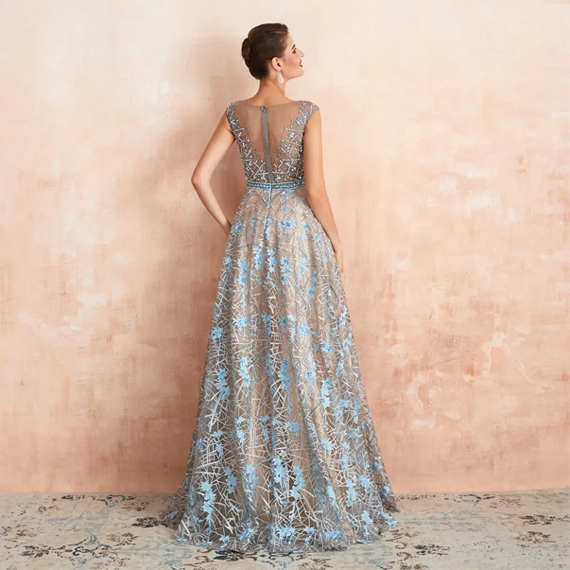 Women Fashion Long Party Gowns Sleeveless A Line Formal Sequin Elegant V Neck Lace Organza Evening Dresses