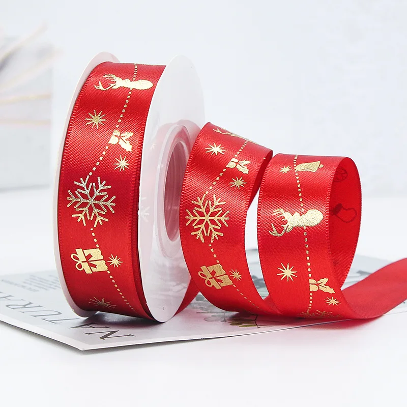 E-Magic Wholesale Christmas Snowflake Satin Ribbon Red Gold Foil Printed Webbing Christmas Ribbon For Crafts Xmas Gift Box