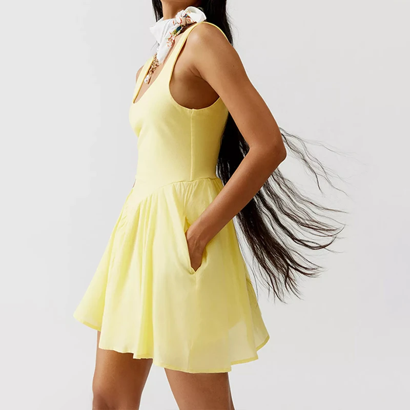SF AL 24D177 Sleeveless Vest Backless Ladies Pleated Dresses Skinny Yellow Cotton Spandex Short Dress Elegant Women Dresses