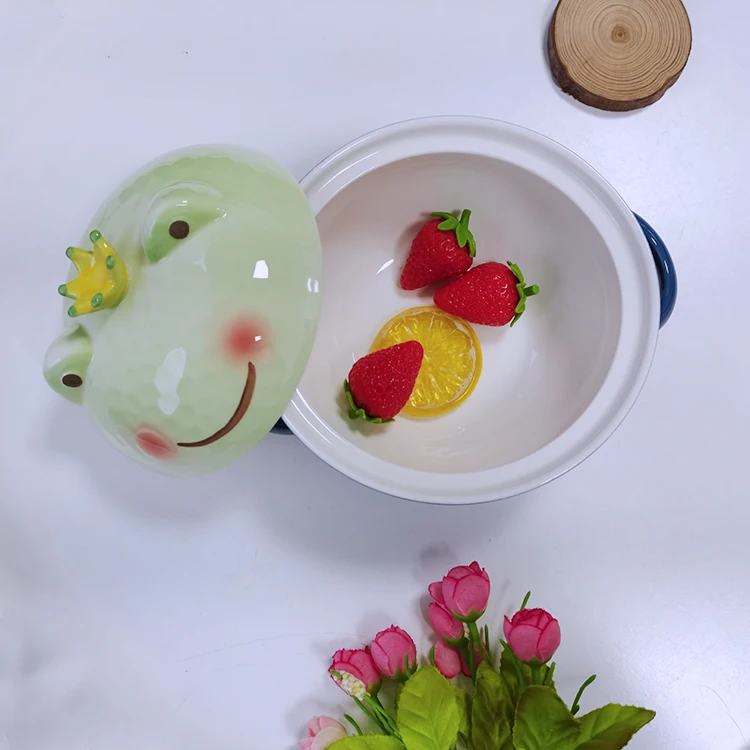 Creative Porcelain Frog Prince Ramen Noodle Bowl Soup Bowls With Cover And Handle Gift Set