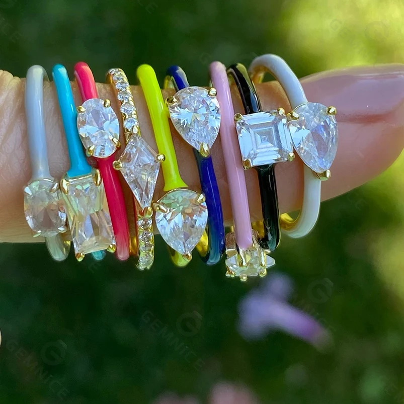 Gemnel vintage 925 sterling silver hot style face ring rainbow enamel star marquise zircon jewelry ring for women