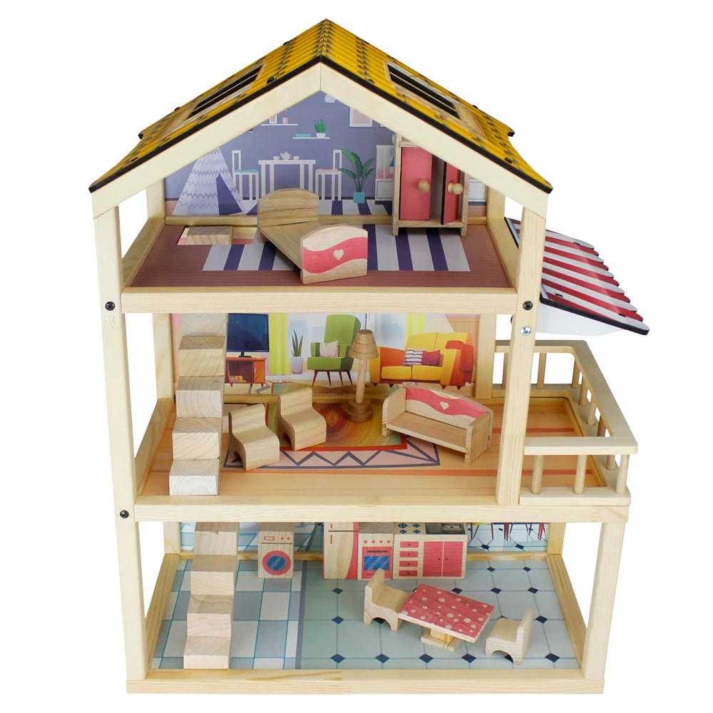 EN-71 Non-Toxic Pretend Play Doll House Furniture Toy Set for Girls  Wooden Children Kids Miniature Wood Dollhouse  Factory