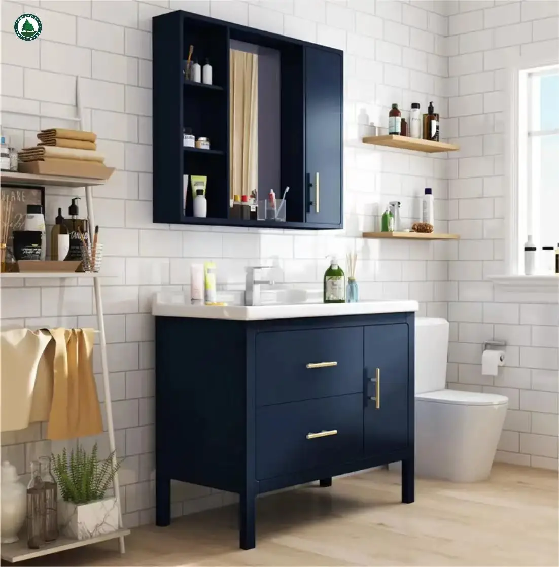 2022 New Customized Modern Bathroom Vanity Popular Blue Bathroom Cabinet Set With Storage Mirror With Metal Legs