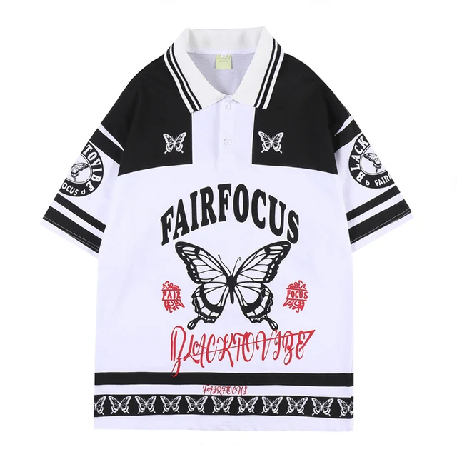 2022 Men Hip Hop Streetwear Polo T-Shirt Butterfly Graphic Print Korean Tops Summer Harajuku Oversized Shirts