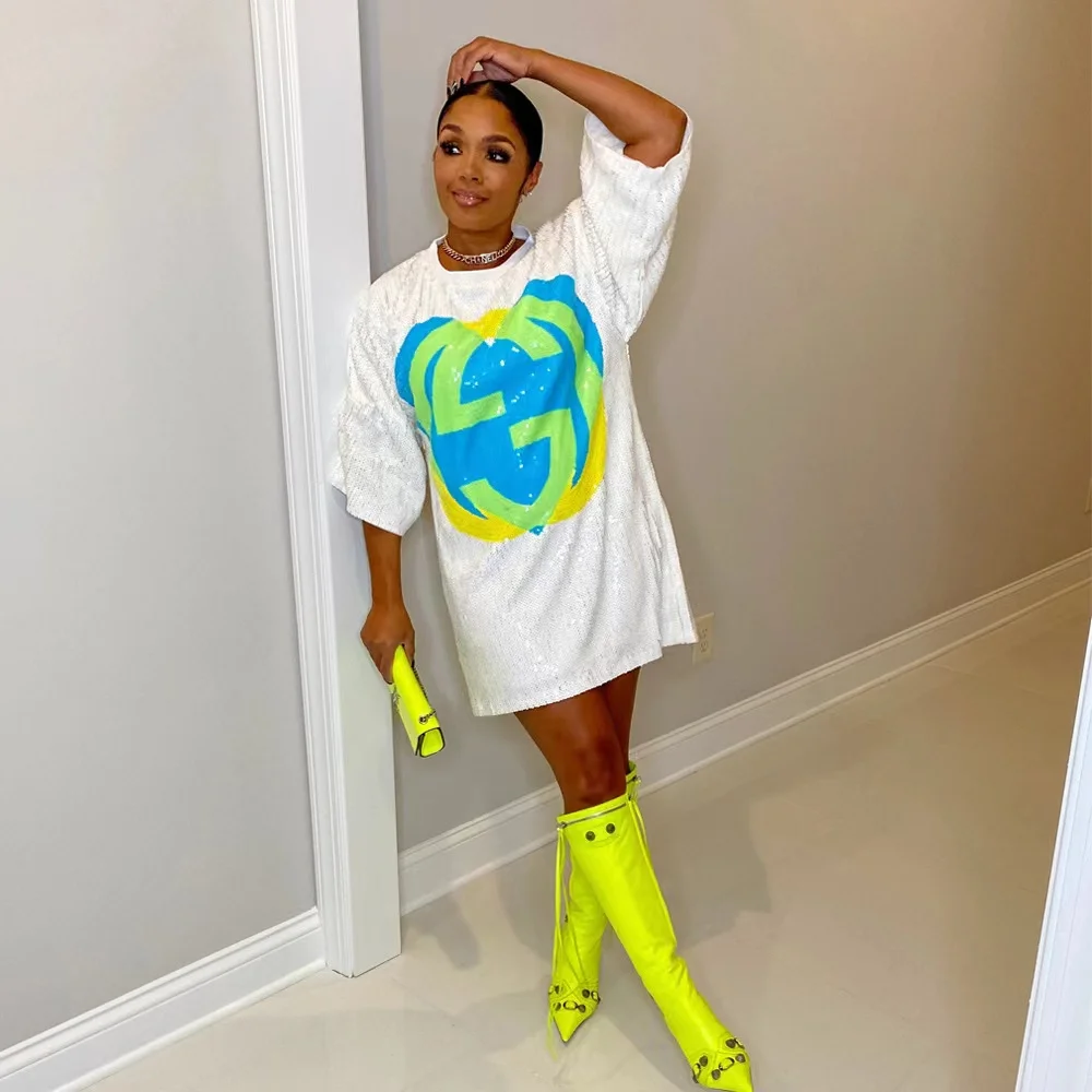 Wholesale Shiny New Casual Shirt Dress Sparkle Sequin Glitter Letter Style Party Outfits Casual Women Dress Night Club Dress