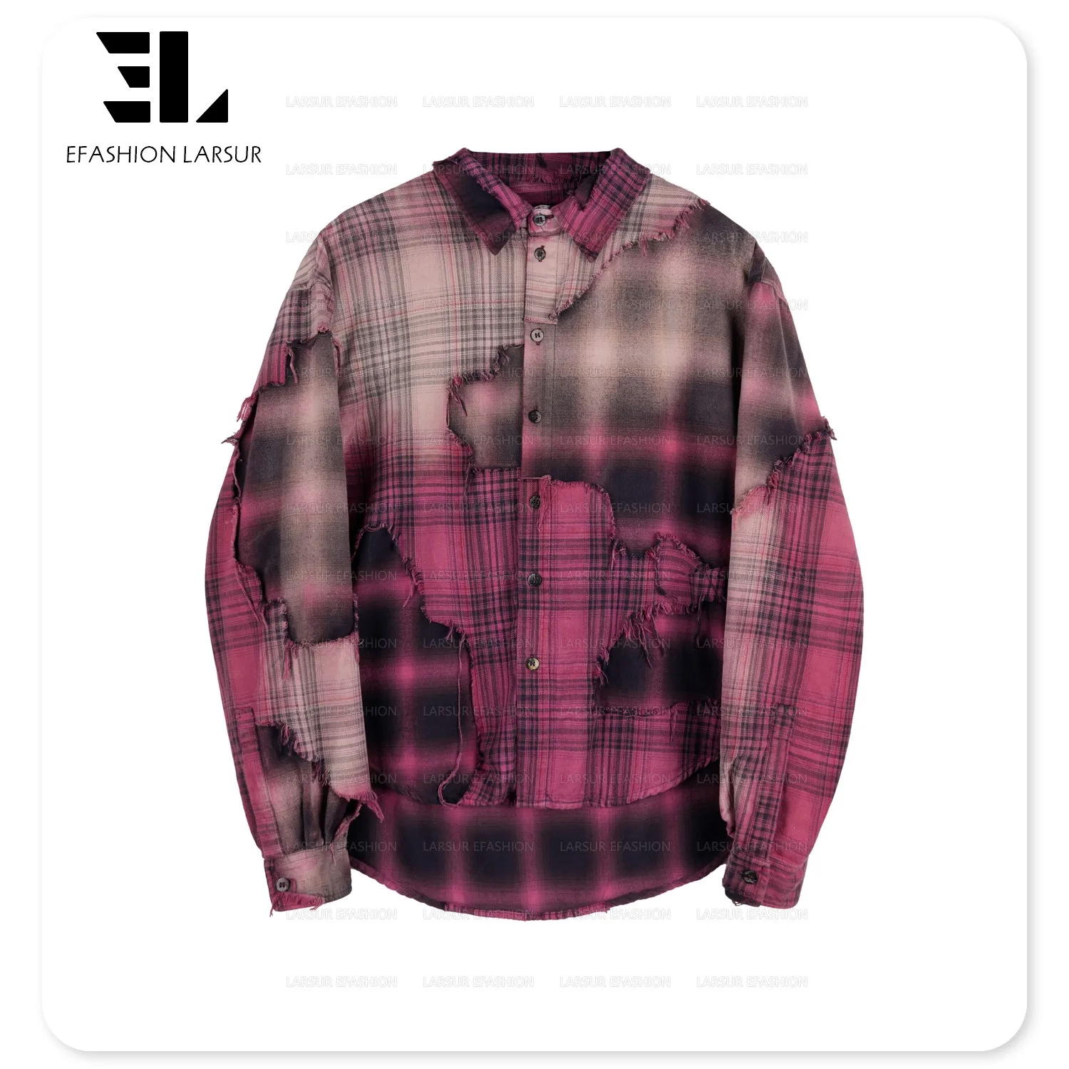 LARSUR Custom factory fleece wool / polyester plaid flannel shirts ripped raw edges sun faded dye patchwork flannel jacket men