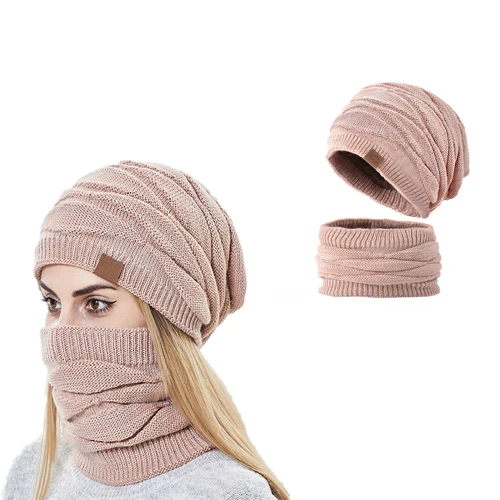 New Beanie Hats Scarf Set Women Winter Warm Caps Neckerchief Bonnet Knitted Two-piece Scarf Hat Set