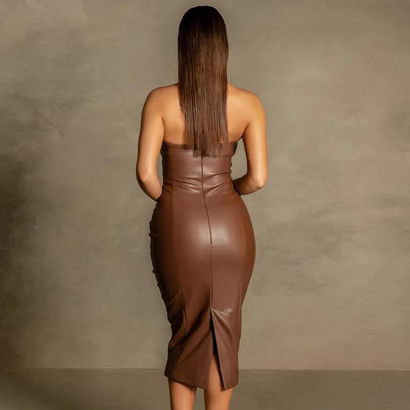 Women Fashion Fit Off Shoulder Sleeveless bodycon black leather tube dress