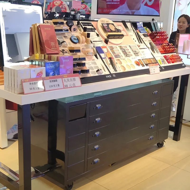 Store Layout Equipment Showroom Design Wooden Showcase Makeup Floor Stand Kiosk Cosmetic Display Rack