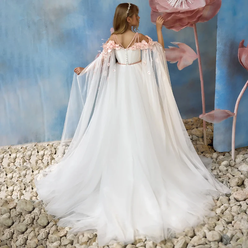 Vivid Pearls Shoulder Strap Flower Haute Couture Pink Satin High Quality Wedding Birthday Girl Princess Party Dress with Train