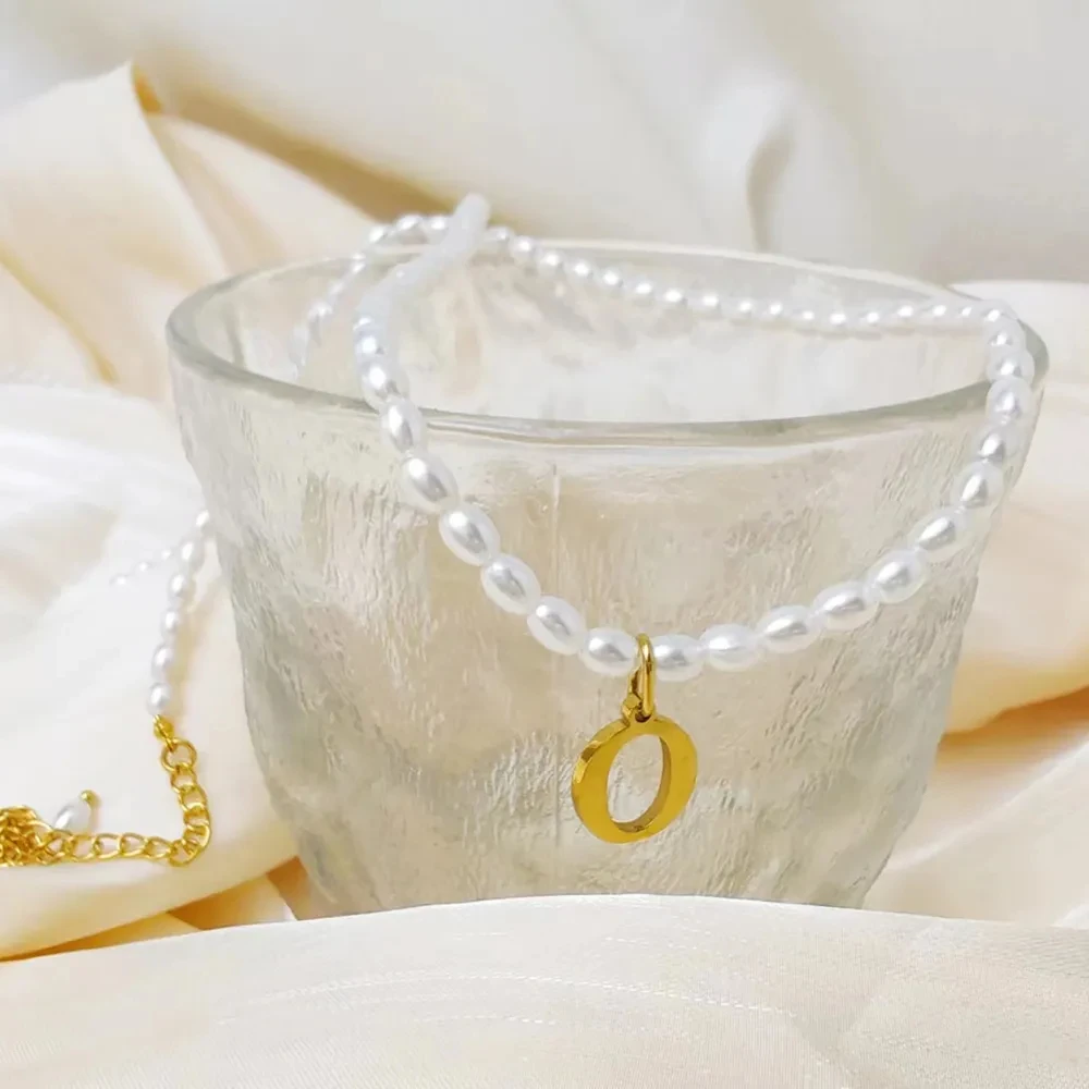 eManco Imitation Pearl Letter Necklace Initial Necklace Stainless Steel Jewelry Diy Alphabet Pearl Necklace