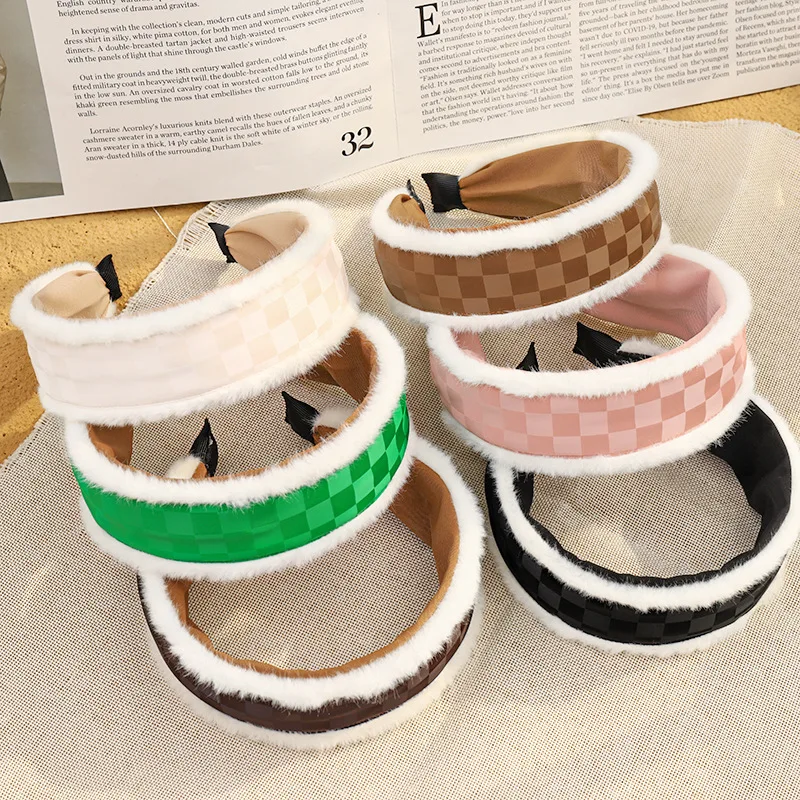 Latest Design Hairbands Sweet Fall Winter Fur Headband Warm Furry Headbands Wide Plaid Checked Pu Leather Headband Women Lady