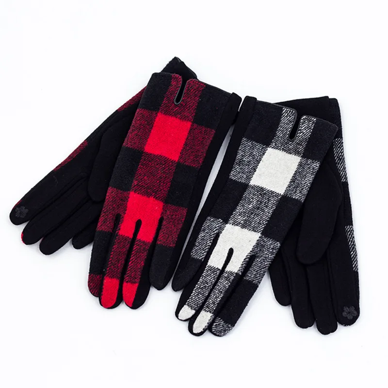 Hot Sale New Women Winter Warm Thicken Buffalo Plaid Woolen Gloves For Adults Fashion Touchscreen Gloves Christmas Plush Gloves