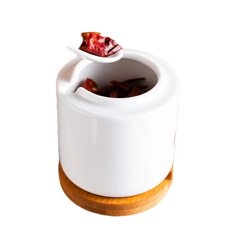 3 Piece Set Kitchen Unique Pattern Sugar Bowls Condiment Jar Ceramic Seasoning Can with Spoon and Bamboo Lid