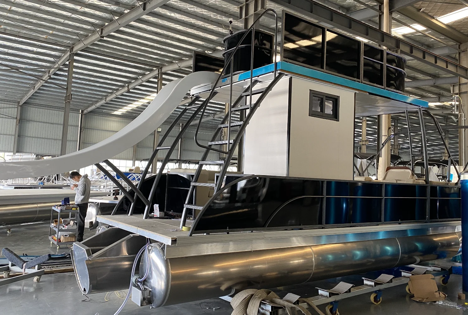 Luxury design quality Double decker beautiful sofa happy party house pontoon boat with slide and motor hot sale