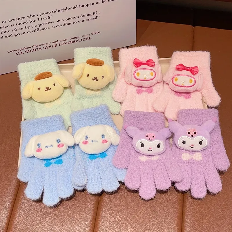 Botu kawaii Sanrioed cinnamon Children Gloves Cute Kulomi Melody  Children Thicken Warm winter Glove Student Five-finger Glove