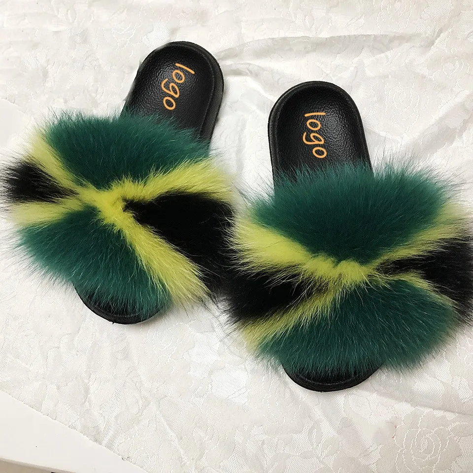 2020 PVC Sole Multi Colors Rainbow flag color Fox Fur Slippers Natural Color Raccoon Fur Slides with Purse for Girls