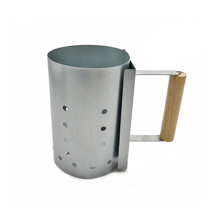 Stainless steel BBQ charcoal chimney lighter bucket basket BBQ fire starter with wooden handle
