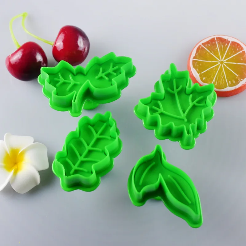 4PCS DIY Baking Tools Set Leaf Shape Cookie Plastic Plunger Cutter Cake Fondant Tools Decorating Embossing Cutter Set