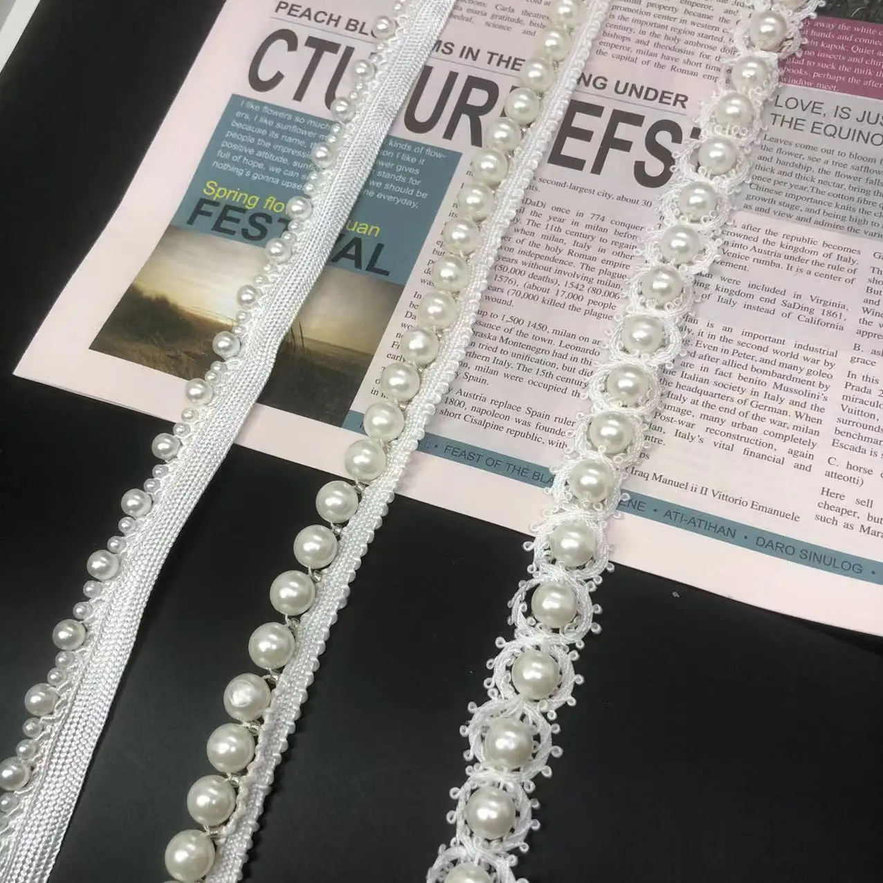 White Fabric Handmade Sewing Craft Material Cloth Pearl Beaded Lace Ribbon Tape Trim For Garment
