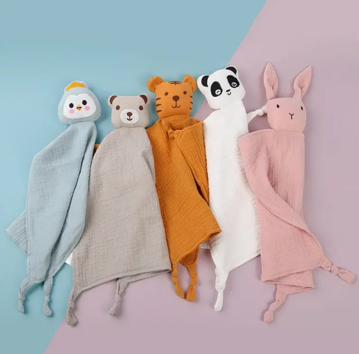 Hot Sell GOTS 100% organic cotton baby lovey comfort 2022 New Lion Tiger Penguin Bunny  Bear muslin security blanket