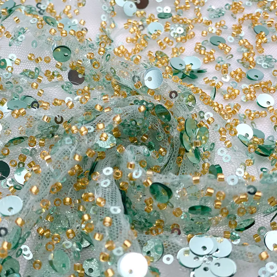 Wholesale luxury full polka dots colorful mesh gold beads lace fancy diamond tulle embroidered bridal dress sequin fabric