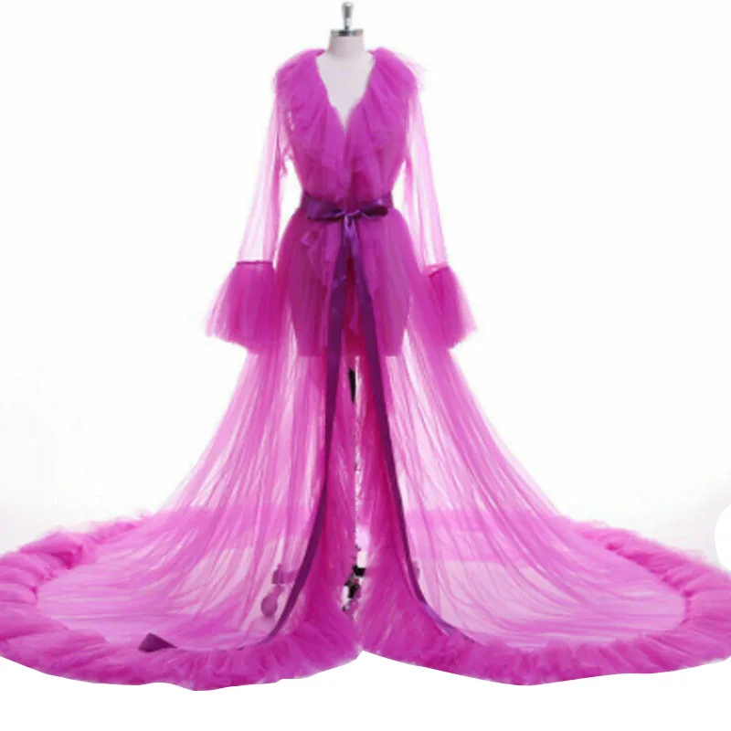 China Sheer Mesh Tulle Perspective V neck layered Ruffles Maxi Floor Long Bath Robe  Sleepwear Dresses