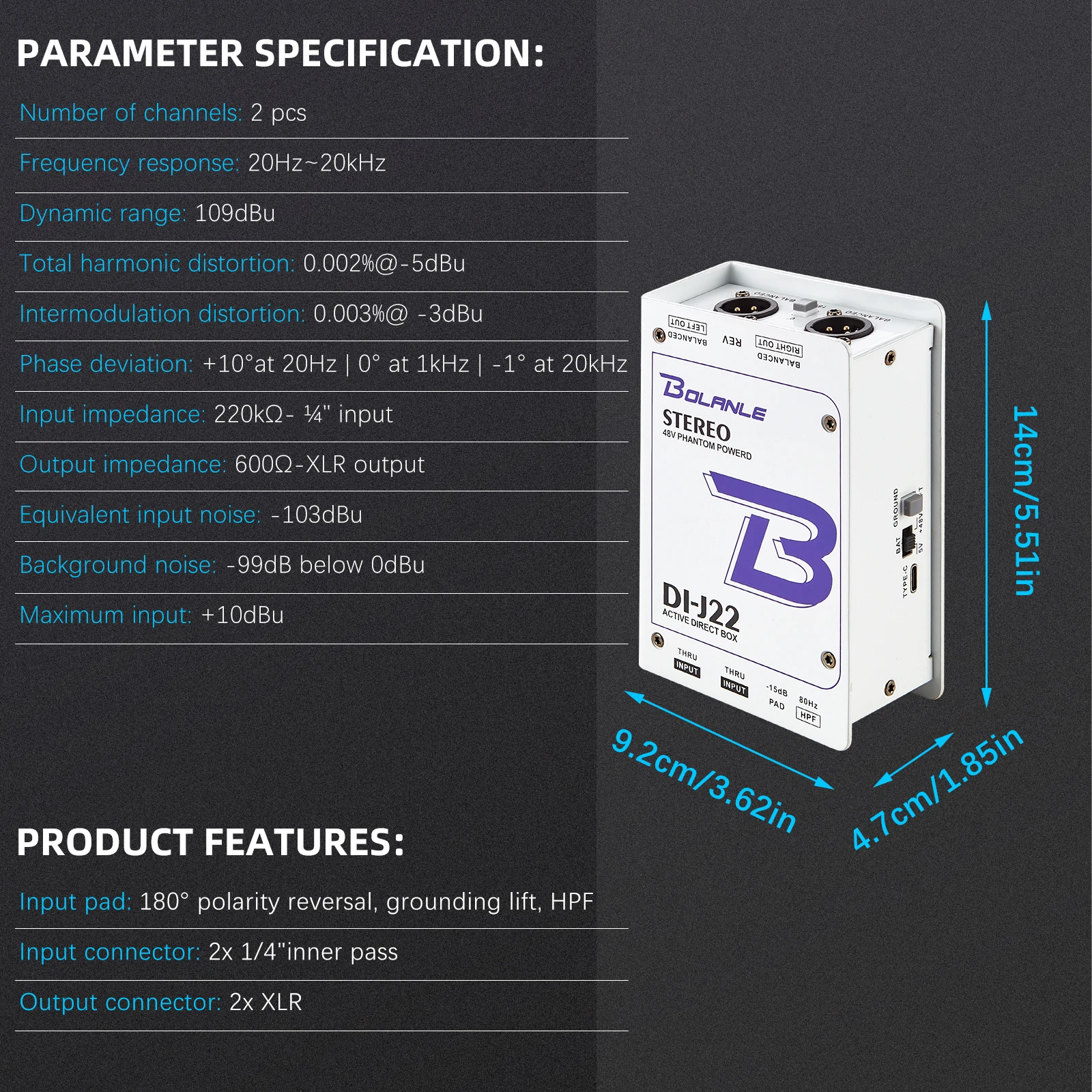 Bolanle J22 Di Box 5V 9V 48V Multi Functional Professional 2 Channel  Phantom Power Active Passive Direct Box