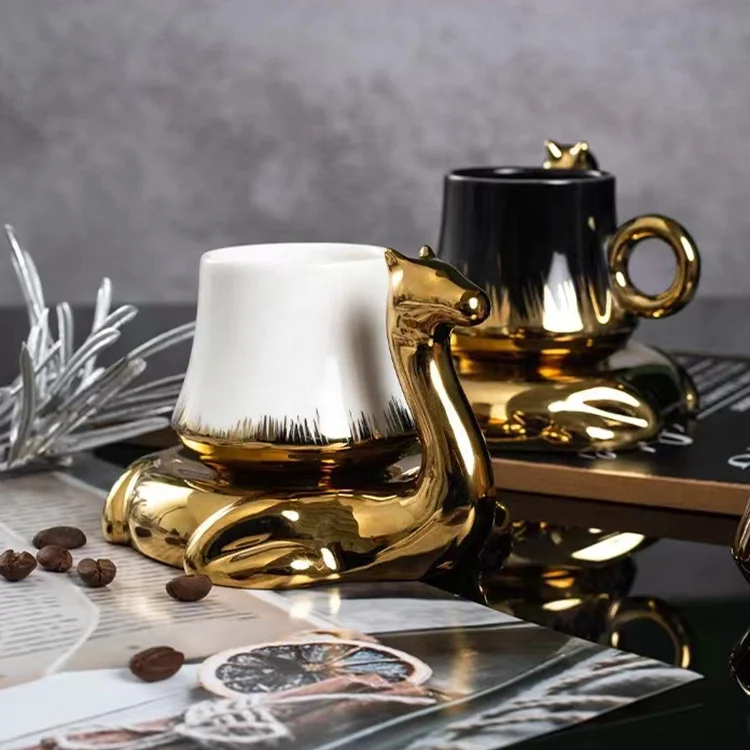 YABEICHU creative 6 cup 6 saucer 120ml ceramic electroplated tea coffee cup and saucer set with gift box