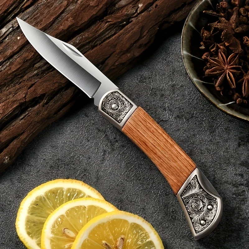 Folding Pocket Knife Stainless Steel Folded Utility Knife Wood Handle Pocket Knife for EDC Outdoor Camping Survival
