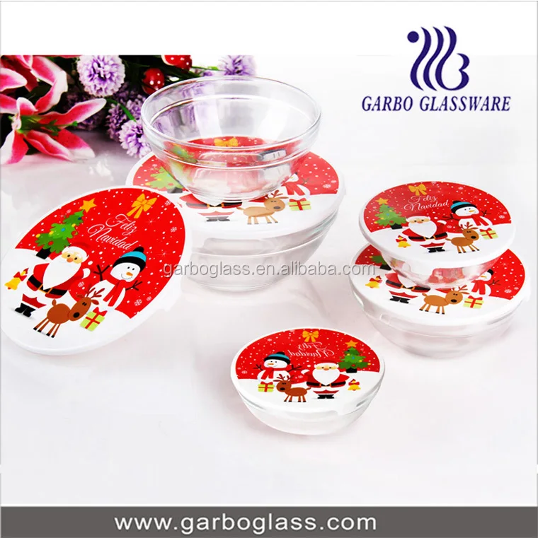 Popular Cheap Price 5pcs Glass Bowl Set 5 Sizes Glass Salad Bowl with Customized Printed Lid Kitchen Food Serving Glass Bowl