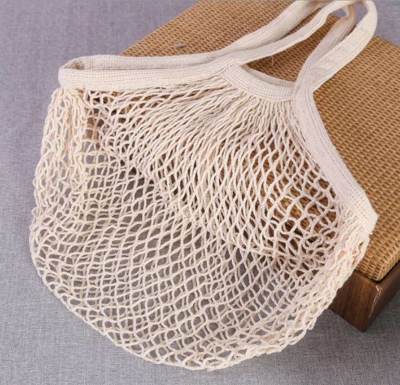 Wholesale Pull Reusable Printed String Vegetable Fruit Grocery Produce Shopping Crochet Tote Fish Mesh Net Cotton Bag with Logo