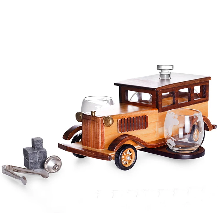 Amazon Hot Selling Old fashioned Vintage car Liquor Whiskey Decanter with Two Globle Tumbler Glass cup set