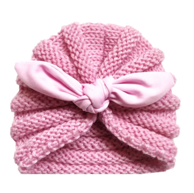 Wholesale Newborn Baby ToddlerKnitted Woolen Turban Head Wrap Cap Newborn Infant Turban Headwraps Hat for babies With Bow