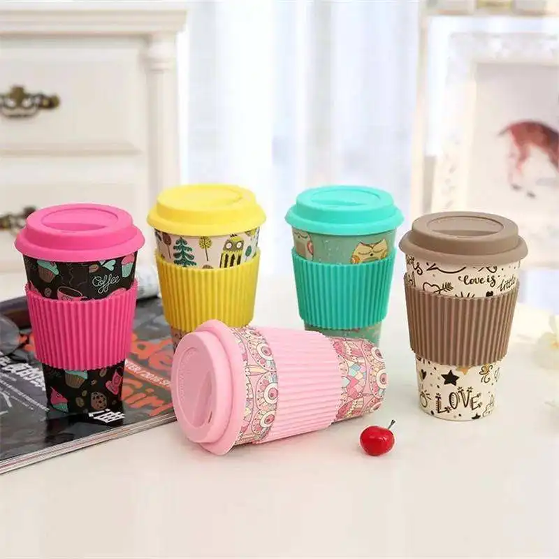 Bamboo Fiber Mugs Biodegradable Coffee Mugs 430ml Coffee Cup with Silicon Lid and Sleeve