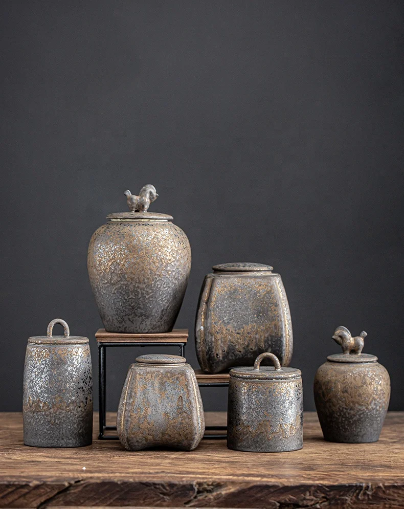 Retro Kiln Rust Glazed Ceramic Storage Jar Rustic Airtight Canister for Tea Coffee Bean Chilli Paste Set