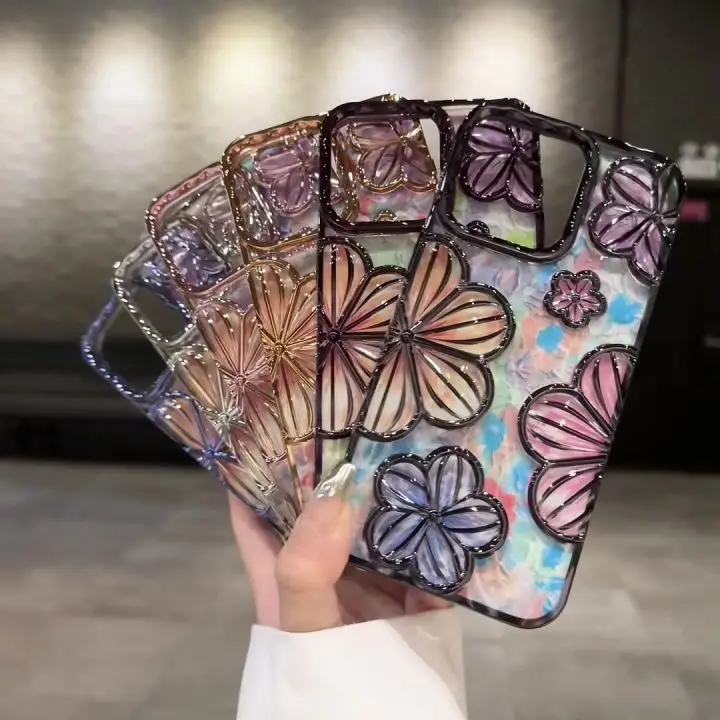 Luxury Electroplate Colours Oil Painting Flower Mobile Phone Case 3D Soft Back Cover For iPhone 15 14 13 12 11 pro max Shell