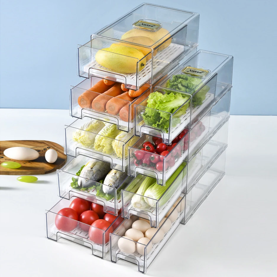 Wholesale Pull Out Fridge Vegetable Fruit Seafood Egg Organizer Drawers Clear Refrigerator Storage Box Bins with Draining Tray