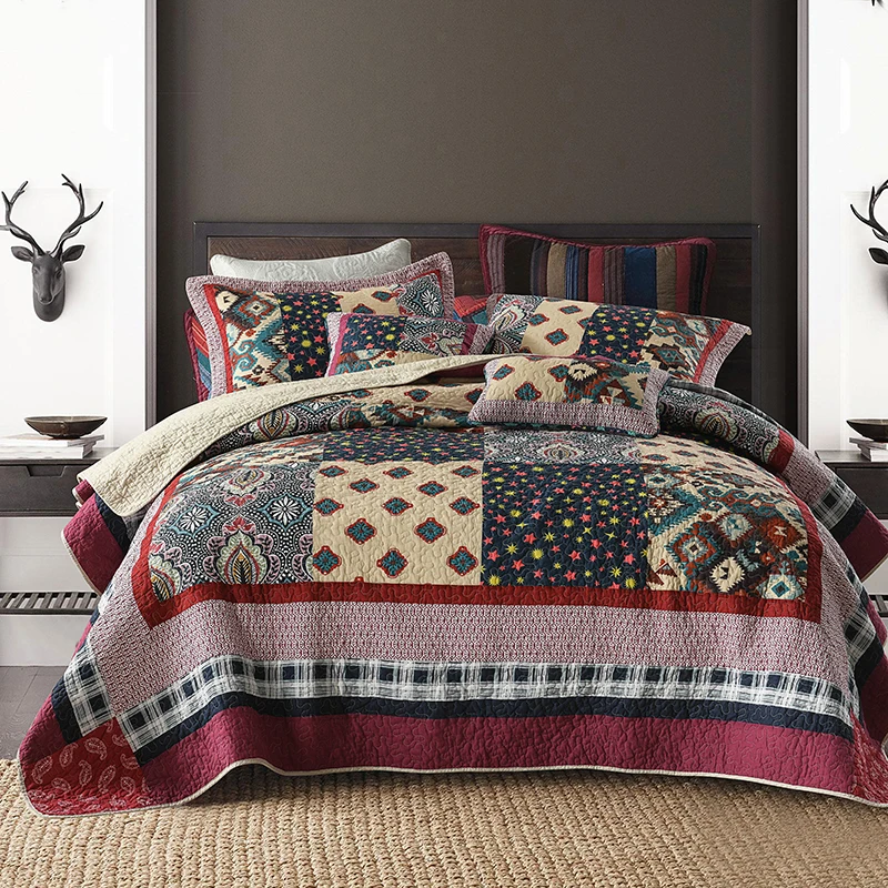 Patchwork Reversible Queen Cotton Quilt Bedspread Set
