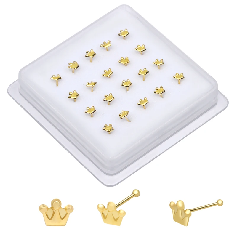 20 PCS Solid Crown Shape Nose Studs Ball End Pin Nose Bone Nostril Bendable Soft Needle Nose Piercing Boxed Jewelry Wholesale