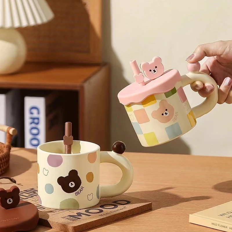 Solhui Cute cartoon bear ceramic coffee mug with straw creative animal water cup