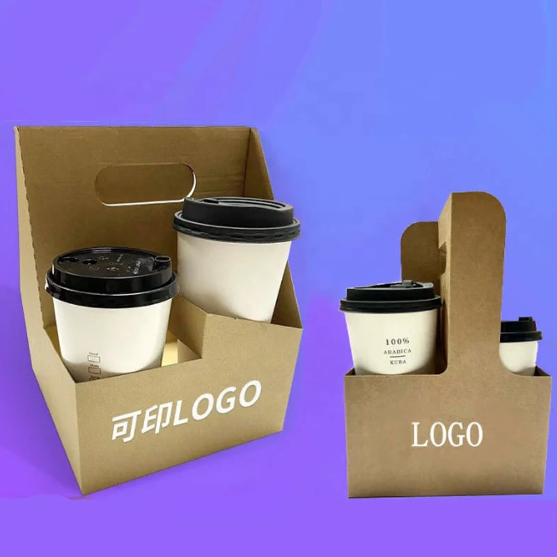 Disposable Kraft Paper Portable Cup Holder Takeaway package Tray For Milk Tea Cup Coffee Cups