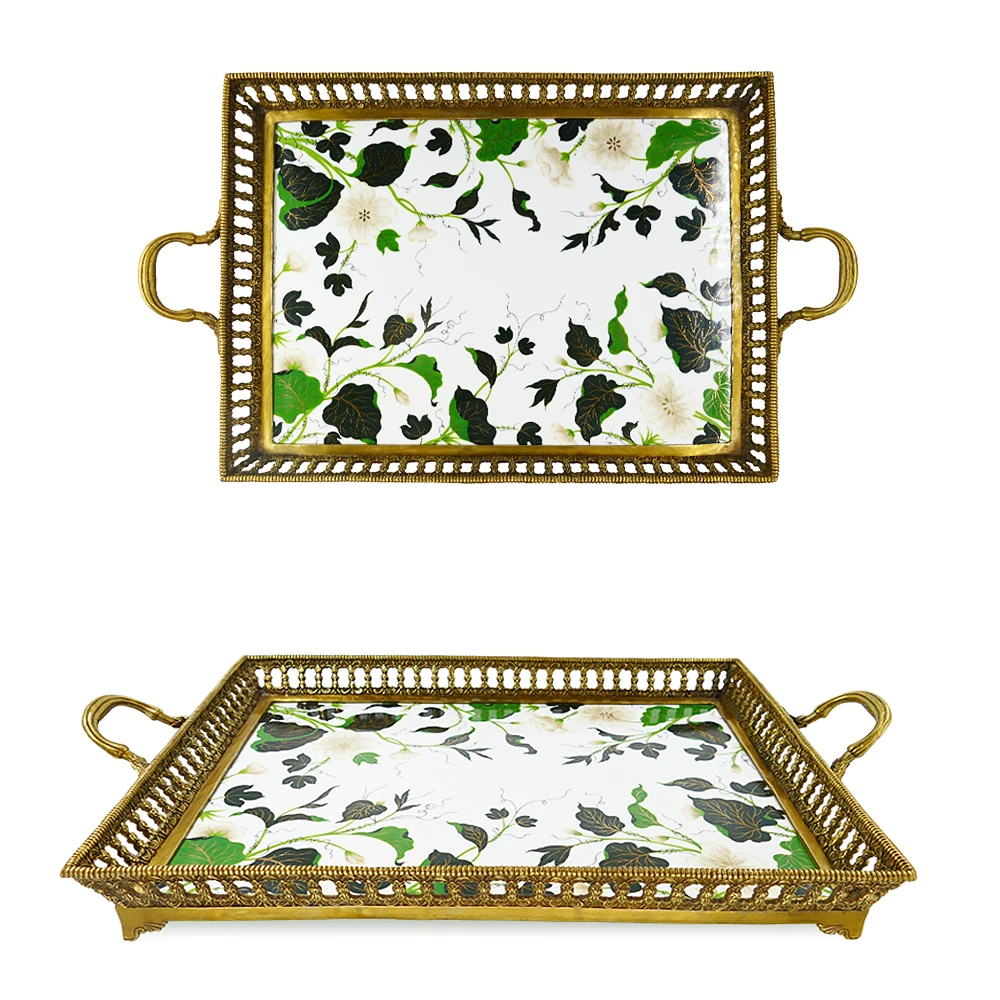Retro Vintage Gilded Brass Ormulo Framed Castilian Style Inspired Handpainted Floral Porcelain Tea Set Tray for Collection