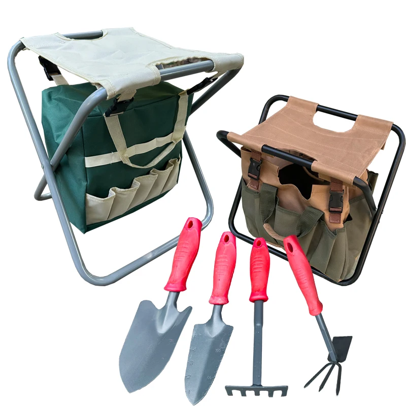 removable portable chair folding outdoor garden chairs with storage bag garden tools bag  hoe shovel rake hand saw shear pruning