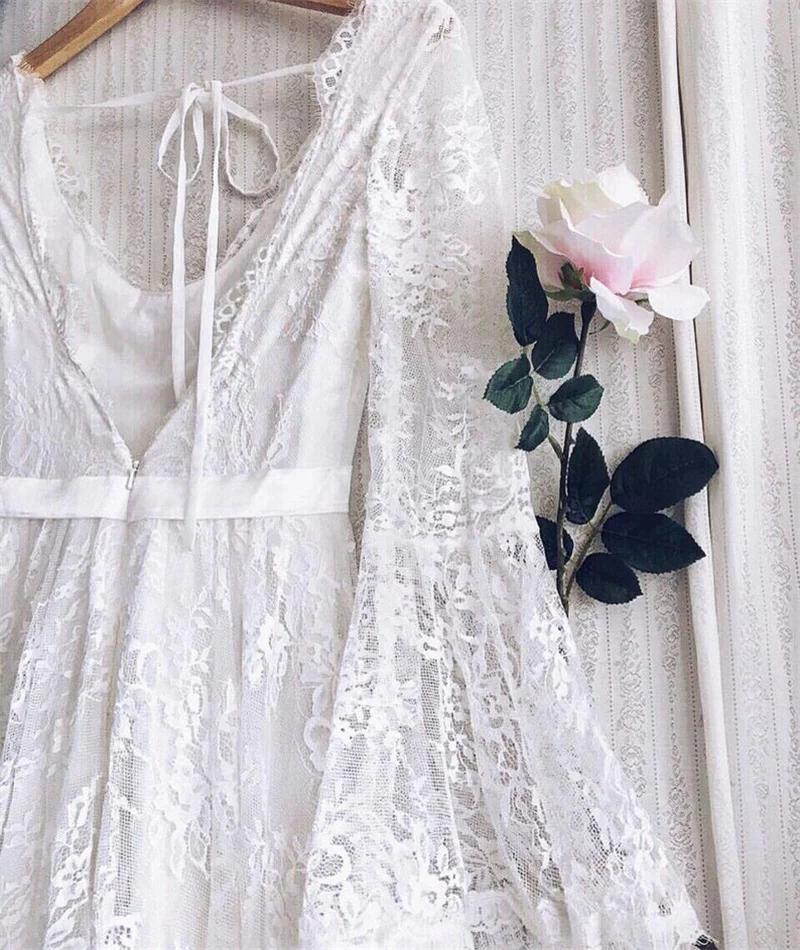 11170#Lace V Neck Bridal Dress Long Sleeve Sweep Train Bohemian Boho Beach Wedding Gown
