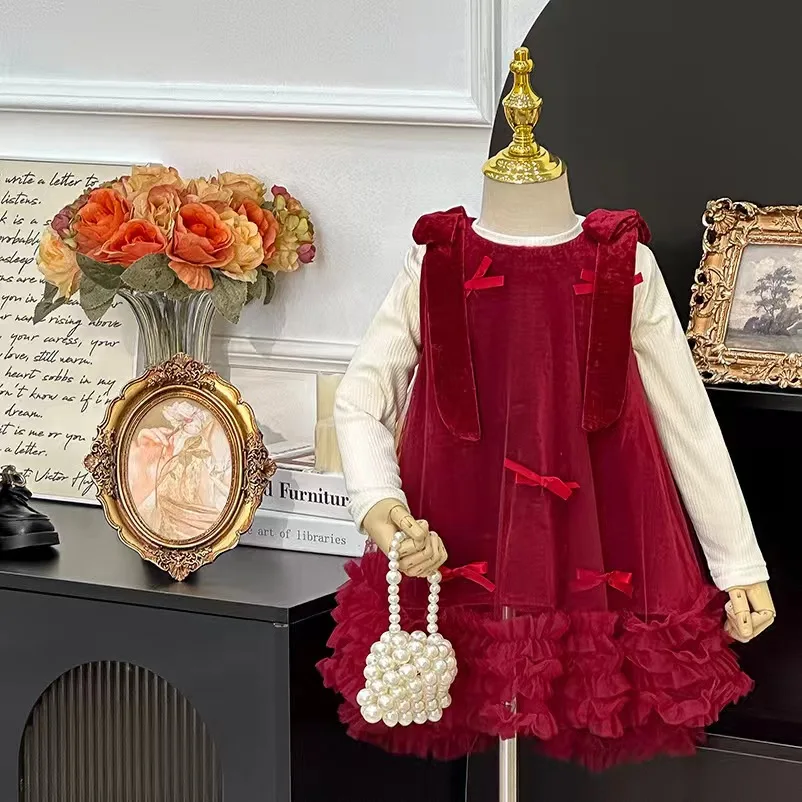 Shuoyang New Bow Princess Dress for Autumn/Winter 2024 A Christmas dress designed for beautiful girls aged 3-13 Boutique skirt