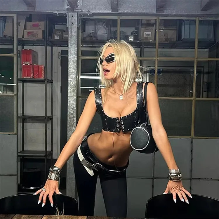 Summer PU Leather Lace Up Bandage Crop Top Corset Women Punk Sleeveless Backless Rivet Sexy Camis Tanks