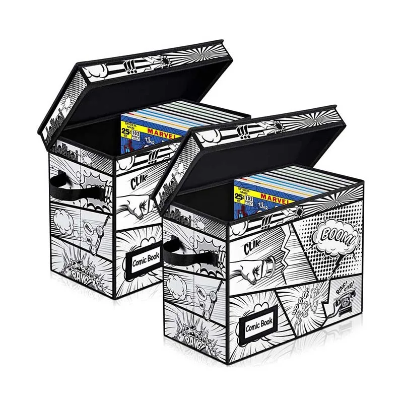 Custom Logo Printed Design Collapsible Oxford Cloth Fabric Handles Comic Book Storage Organizer Bin Box Boxes With Attached Lid