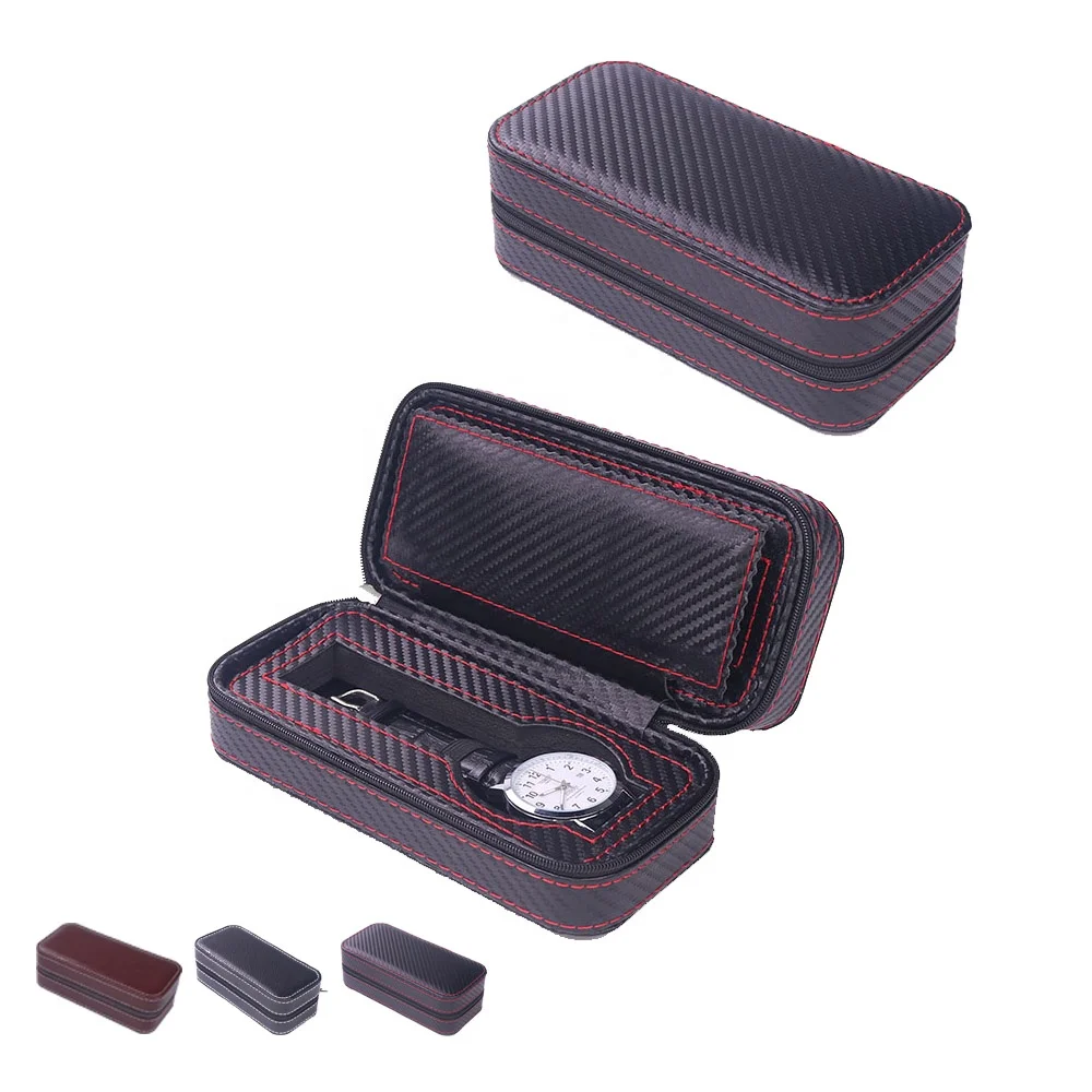 PW710-2 Red Stitching Line 2 slots strap Black carbon fiber leather watch case