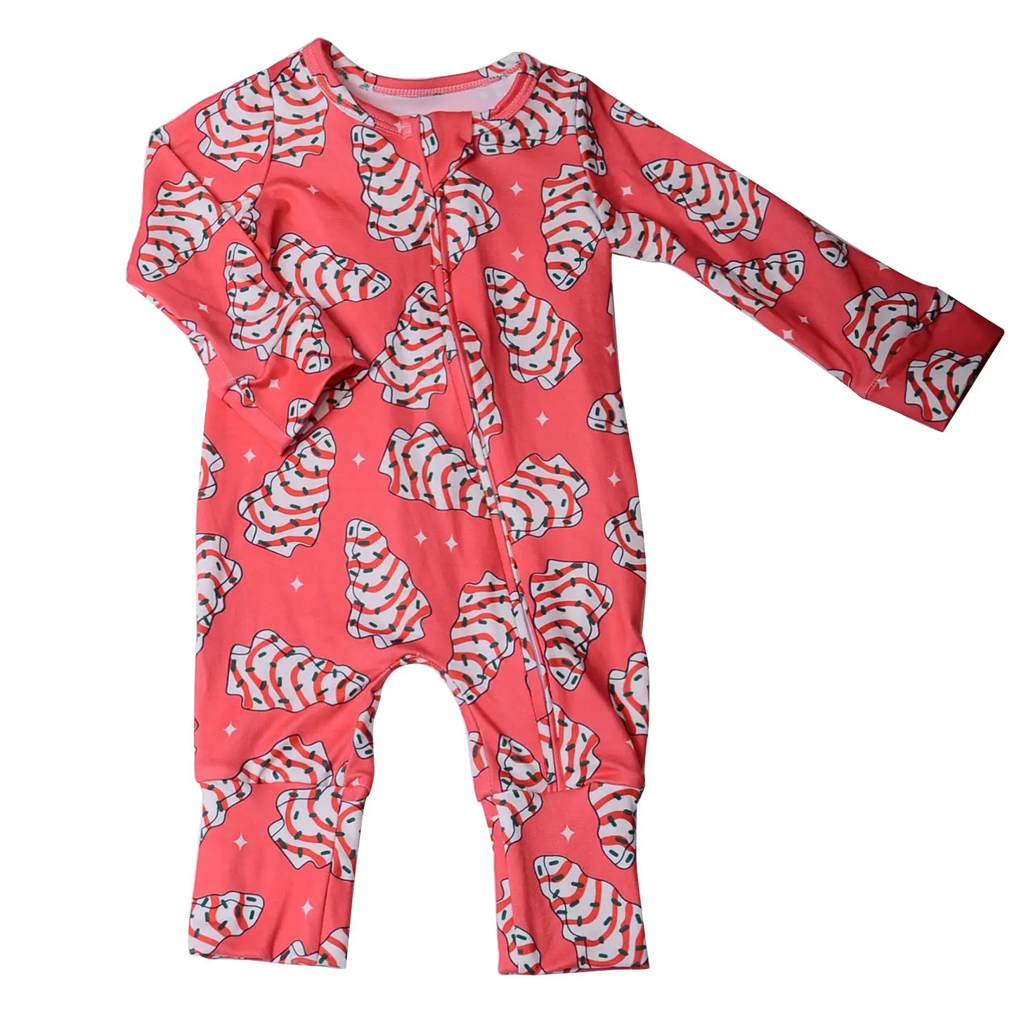 230g cotton/bamboo Custom Christmas Printed Girls Jumpsuit Long Folding feet Romper Babies Zip-Up Pajamas